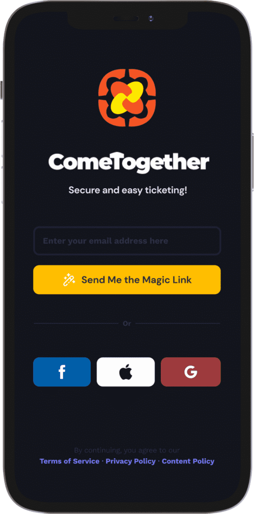 Screen shot of the ComeTogether.live mobile app