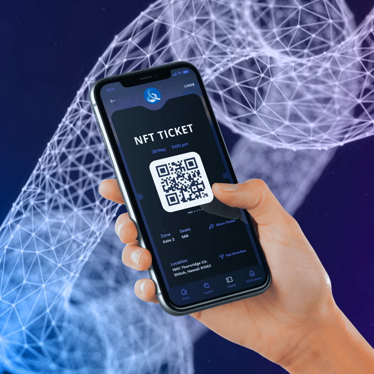 Hand Holding Smartphone with the ComeTogether NFT Ticketing App Presentation in front of digital chains background.