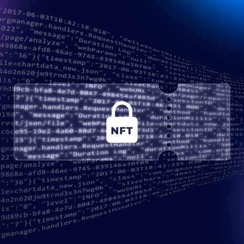 NFT Ticket a digital ticket in the form of an NFT. The ticket is rectangular in shape and has a blue and white color scheme. The top of the ticket features the event name in bold white letters, with the date and time of the event listed below in smaller white text. The middle of the ticket features a QR code, which can be scanned to verify the authenticity of the ticket. The bottom of the ticket features additional event details, including the venue and seat number, in smaller white text.