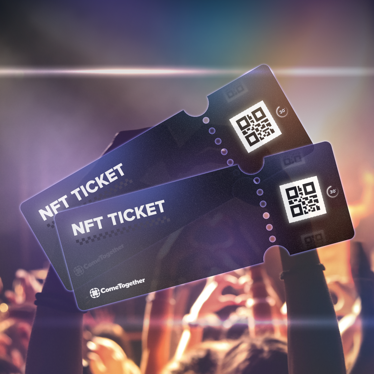 Two purple ComeTogether NFT Tickets in front of a concert crowd background.