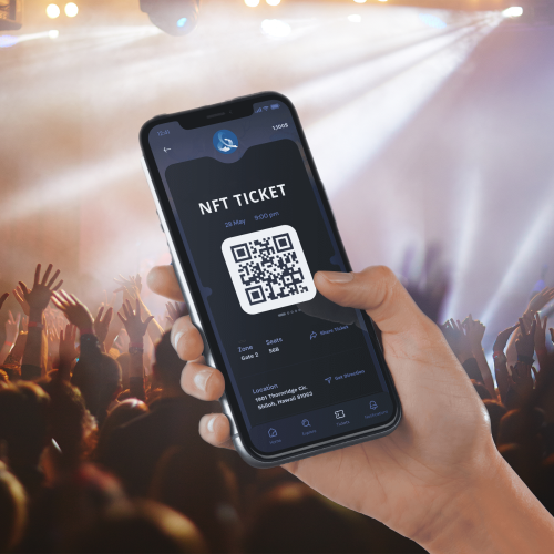 Hand holding an NFT Ticket on the ComeTogether Ticketing app wallet in front of a live music concert.
