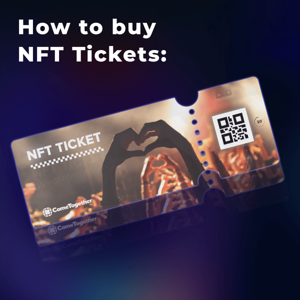 NFT Ticket Visual 3D visual of digital NFT Ticket by ComeTogether with the titple how to buy NFT tickets