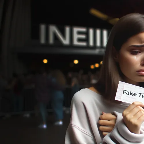 A beautiful girl is crying because of fake ticket purchase in front of a concert entrance line. Combat ticket fraud with ComeTogether ticketing
